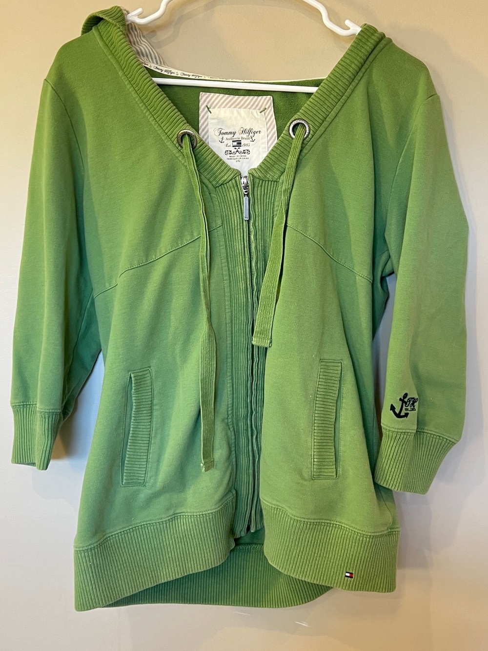 Tommy Hilfiger Green Zip Up Hoodie 3/4 Sleeve L Nautical Anchor Hooded Jacket - Picture 2 of 8